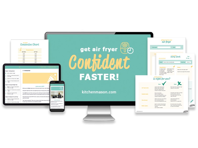 A collection of printables and screens showing the Get Air Fryer Confident FASTER! course