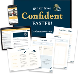 A collection of printables and screens showing the Get Air Fryer Confident FASTER! course