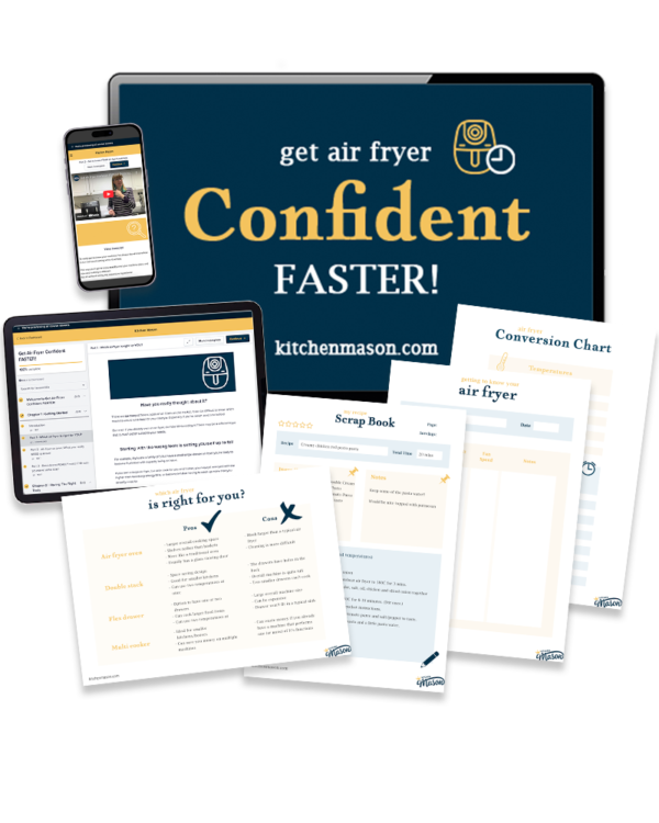 A collection of printables and screens showing the Get Air Fryer Confident FASTER! course