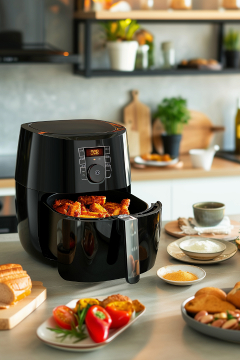 Wedges in an air fryer on a kitchen side