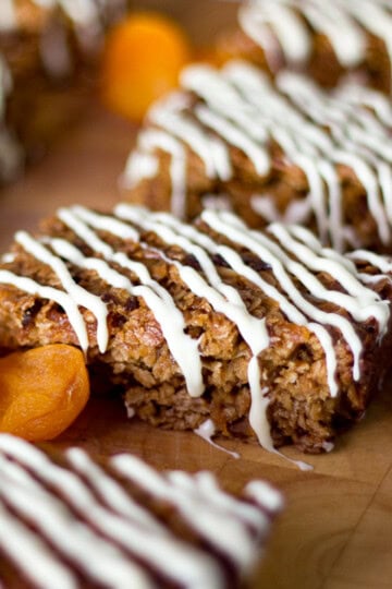 Apricot white chocolate flapjacks on a board