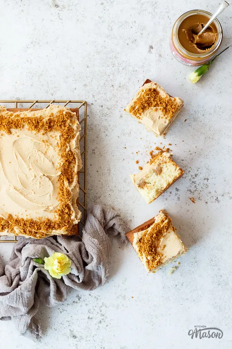 Slices of Biscoff traybake cake