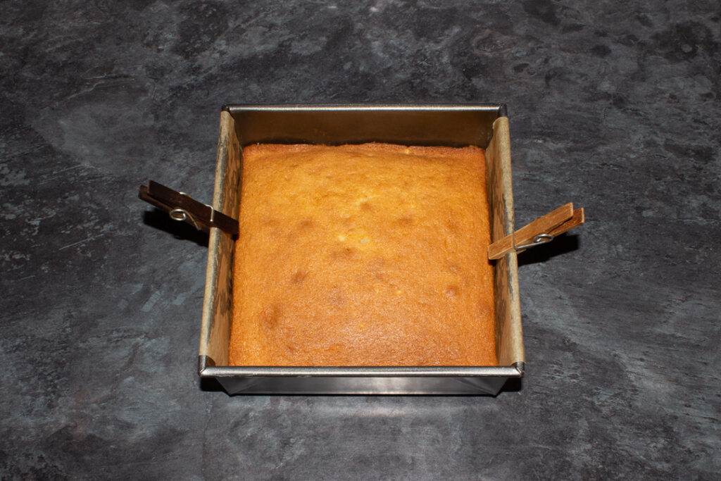 Baked Biscoff tray bake cake in a tin