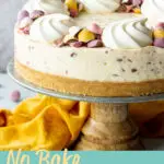 A Mini Egg cheesecake on a cake stand with a yellow napkin. A text overlay says 'no bake Mini Egg cheesecake'.