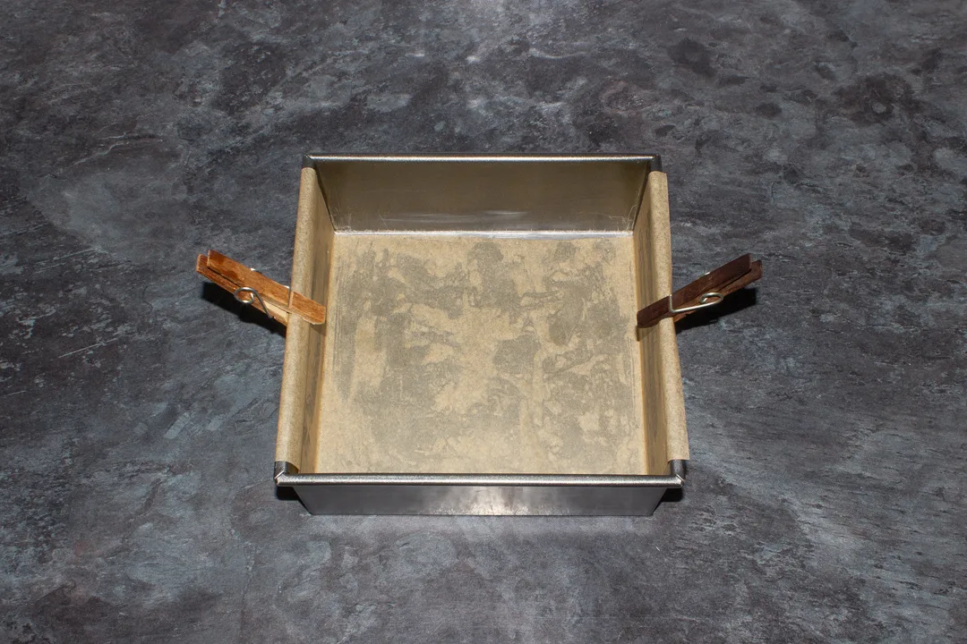 A lined square baking tin