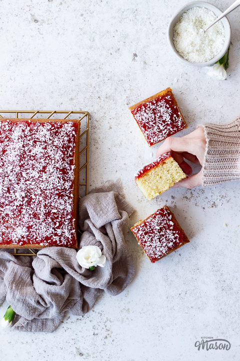 Coconut jam cake cut into slices.