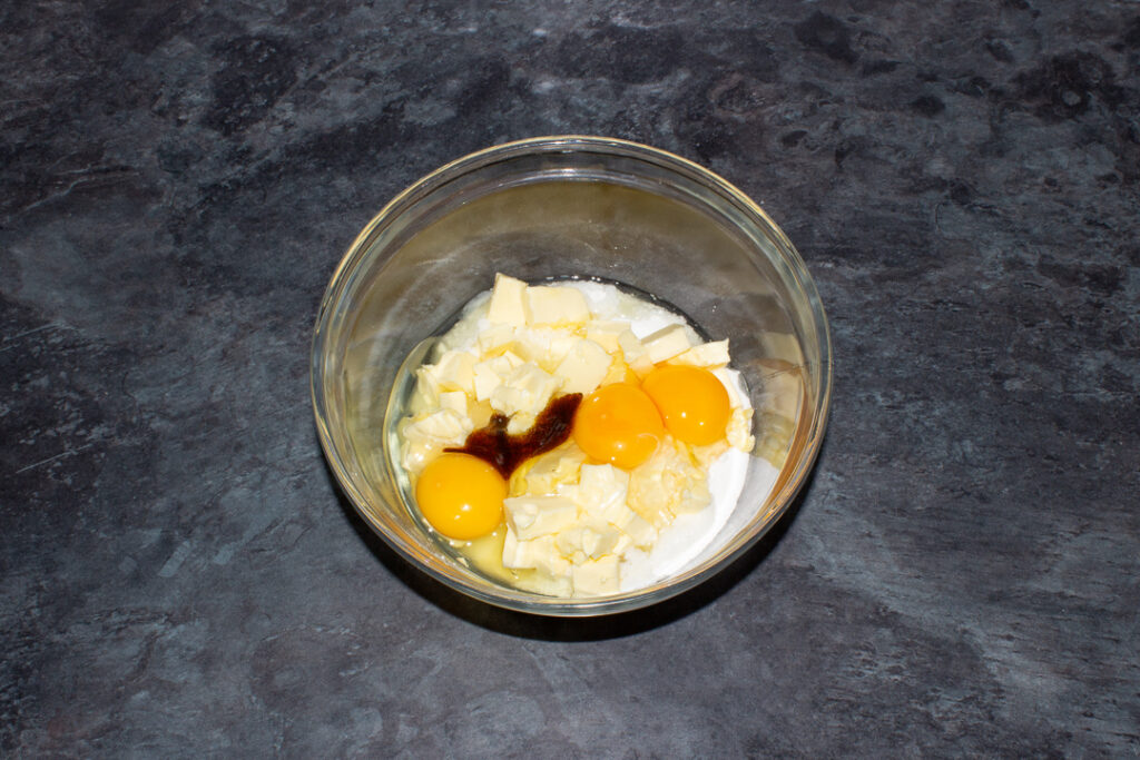 Cake ingredients in a mixing bowl.