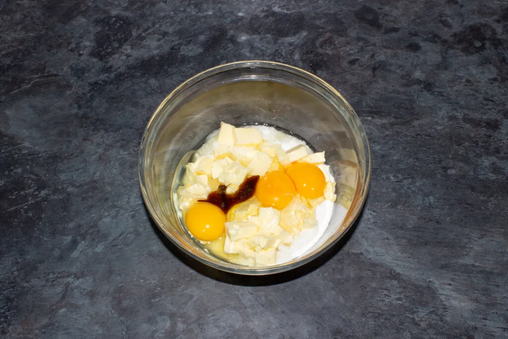 Cake ingredients in a mixing bowl.