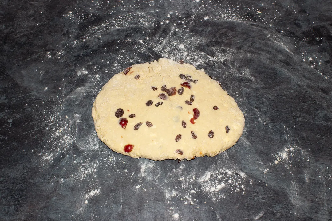 Fruit scones dough on a floured work surface