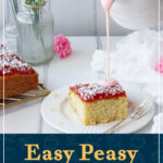 Pink custard being poured over jam coconut sponge cake. A text overlay says 'easy peasy pink custard'