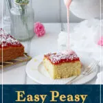 Pink custard being poured over jam coconut sponge cake. A text overlay says 'easy peasy pink custard'