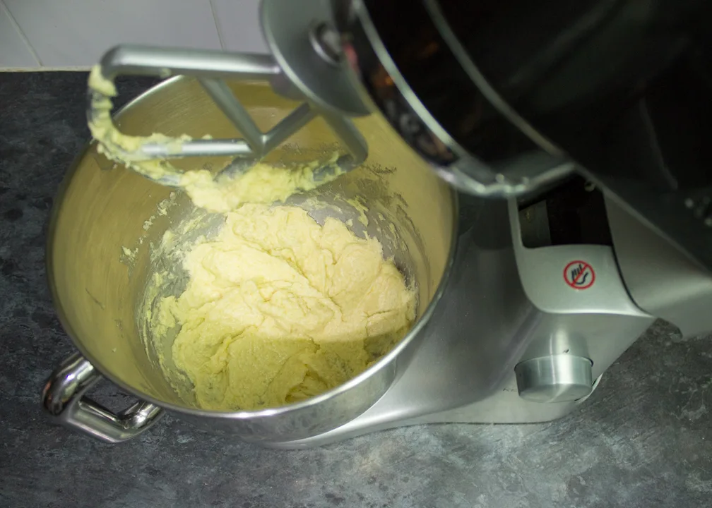 Butter, sugar and egg beaten together in an electric stand mixer.