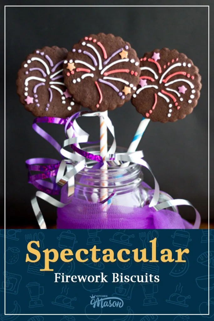 3 firework biscuits in a jar with colourful curling ribbon. A text overlay says "Spectacular firework biscuits".