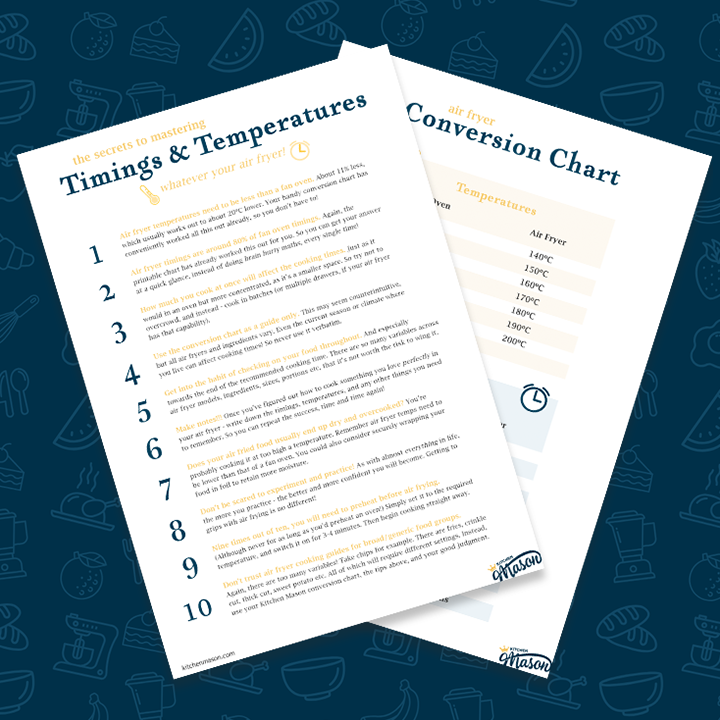 Air fryer conversion chart and tips sheets over a blue background.