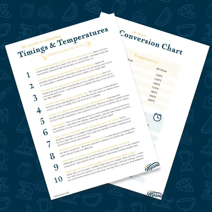 Air fryer conversion chart and tips sheets over a blue background.