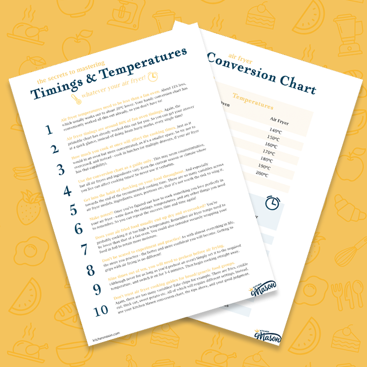 Air fryer conversion chart and tips sheets over a yellow background.