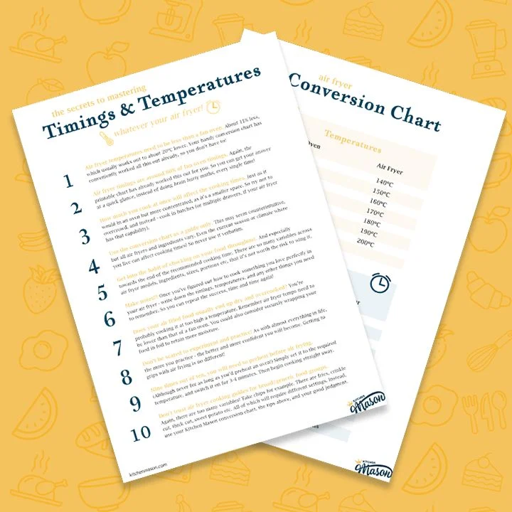 Air fryer conversion chart and tips sheets over a yellow background.