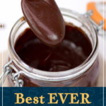 A rich chocolate sauce being spooned out of a glass jar. A text overlay says "Best EVER easy chocolate sauce!".