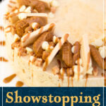 A Biscoff ice cream cake on a white plate. The top has been decorated with Biscoff biscuits, blond chocolate, white chocolate chips, fudge pieces, and melted Biscoff spread. A text overlay says "Showstopping Biscoff Ice Cream Cake".