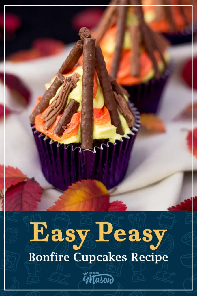Bonfire cupcakes on beige fabric surrounded by red and orange leaves. A text overlay says "Easy peasy bonfire cupcakes recipe".