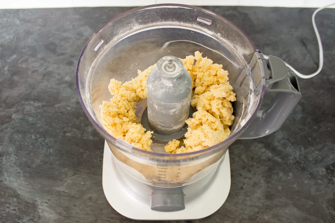 Cheese biscuit dough in a food processor.