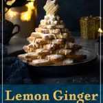 A lemon ginger Christmas cookie tree on a blue plate. A text overlay says 'lemon ginger cookie Christmas tree'.