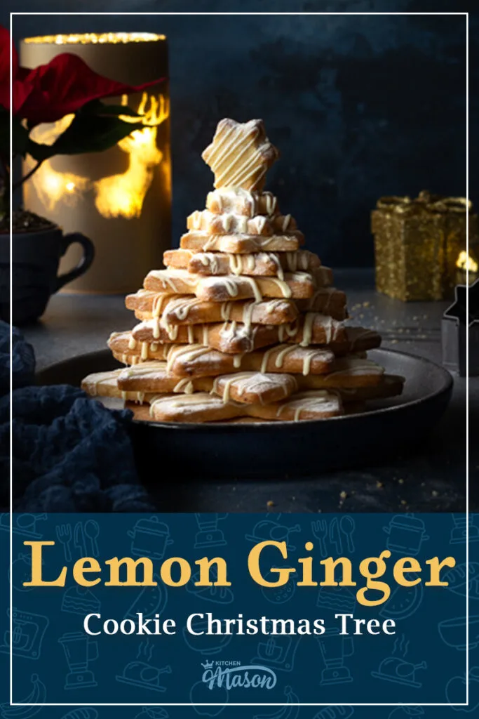 A lemon ginger Christmas cookie tree on a blue plate. A text overlay says 'lemon ginger cookie Christmas tree'.