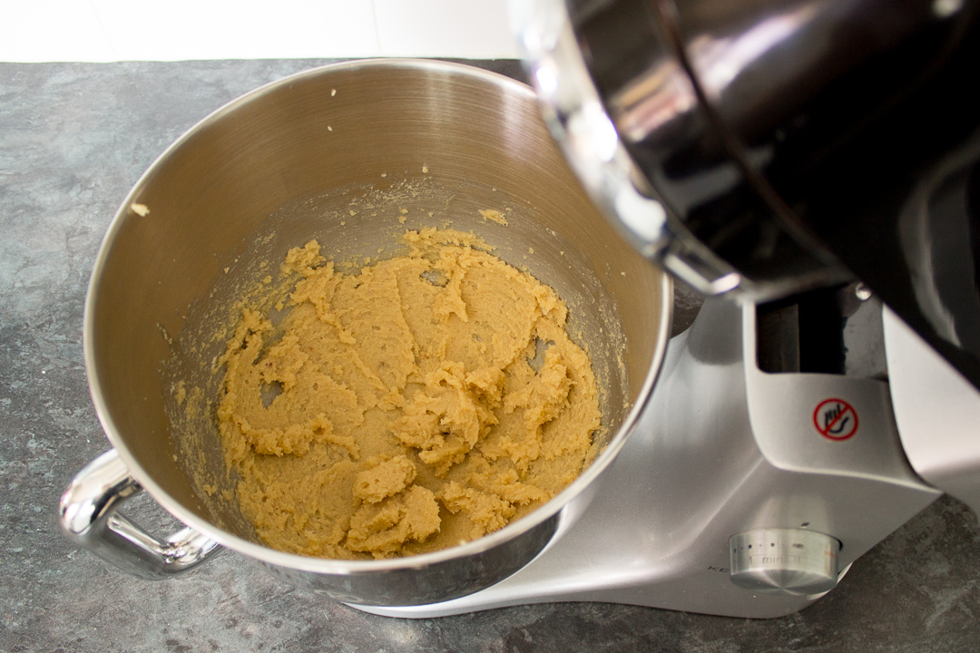 Butter and sugar creamed together in an electric stand mixer.