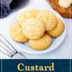 Custard and white chocolate biscuits on a white plate. A text overlay says "custard and white chocolate biscuits".
