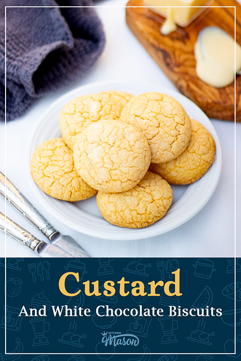 Custard and white chocolate biscuits on a white plate. A text overlay says "custard and white chocolate biscuits".