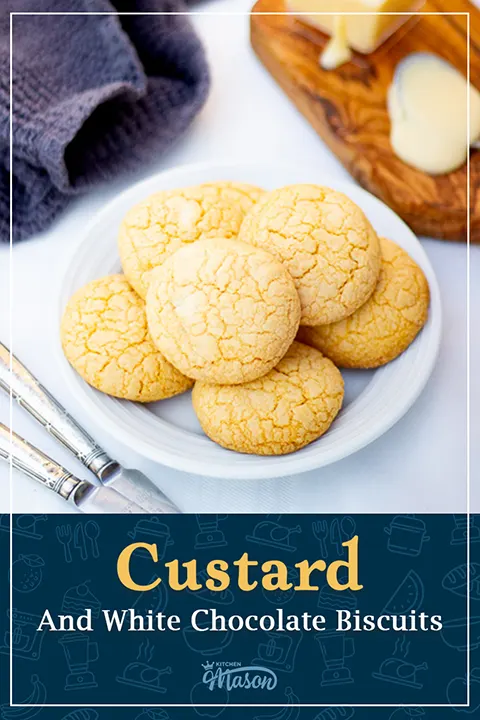 Custard and white chocolate biscuits on a white plate. A text overlay says "custard and white chocolate biscuits".