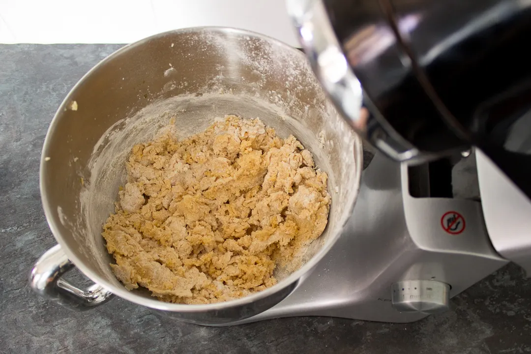 Custard biscuit dough in an electric stand mixer.