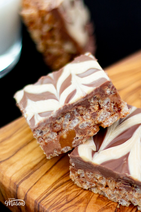 Close up of a bar of Mars Bar Slice.