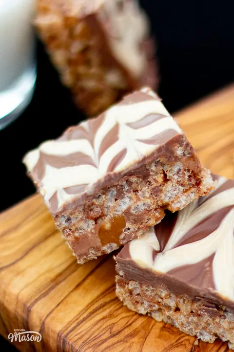 Close up of a bar of Mars Bar Slice.
