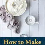 A large bowl of flour and a smaller bowl of baking powder with a spoon in it. A text overlay says "How to make self raising flour at home".