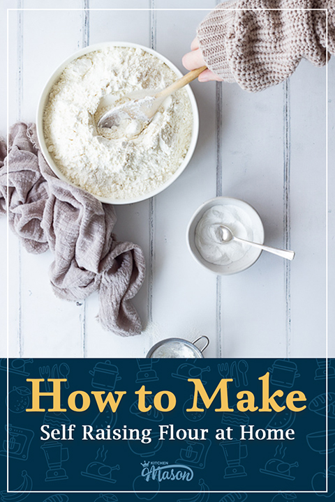 A large bowl of flour and a smaller bowl of baking powder with a spoon in it. A text overlay says "How to make self raising flour at home".