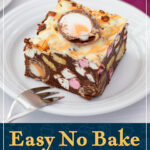A bar of Cadbury's Creme Egg rocky road on a white plate with a small fork. A text overlay says "Easy no bake creme egg rocky road".