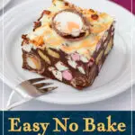 A bar of Cadbury's Creme Egg rocky road on a white plate with a small fork. A text overlay says "Easy no bake creme egg rocky road".