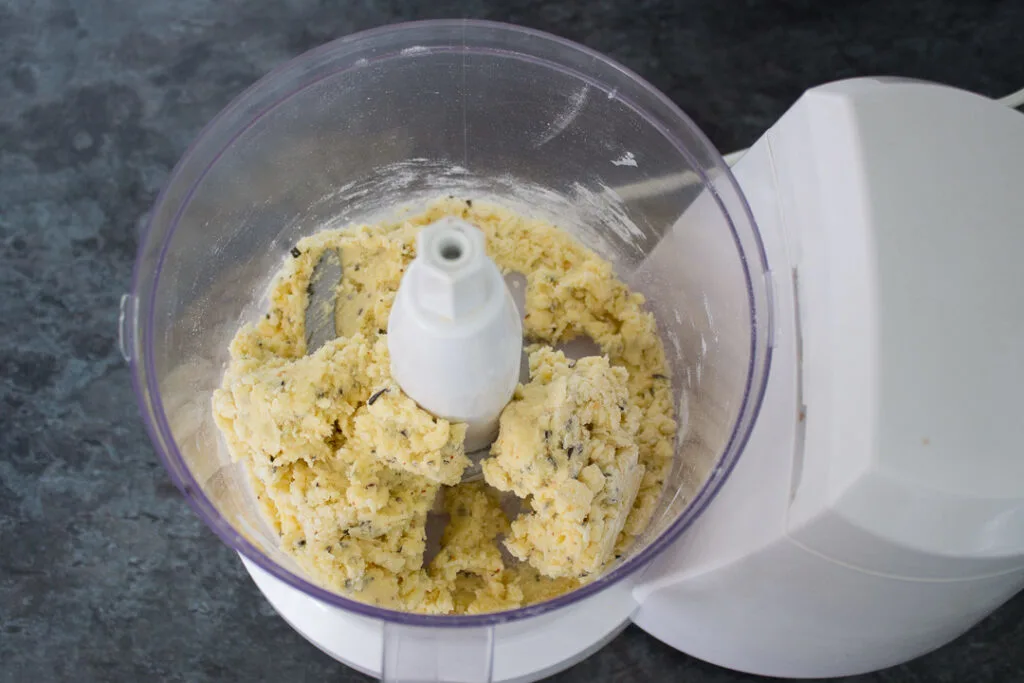 Cracker dough in a food processor.