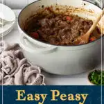 A large pot of beef casserole with a wooden spoon in it. A text overlay says "easy peasy beef casserole".