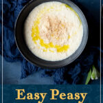 A bowl filled with bread sauce dressed with melted butter and nutmeg. A text overlay says "easy peasy bread sauce recipe".