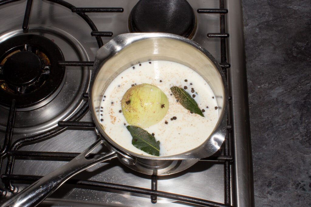 Milk, onion and spices in a saucepan on the stove top.