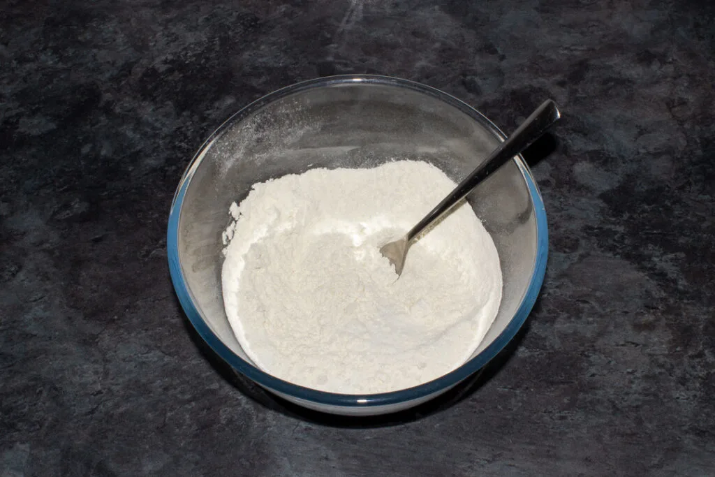 Drop scone dry ingredients in a glass mixing bowl with a fork.