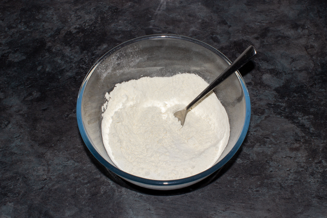 Drop scone dry ingredients in a glass mixing bowl with a fork.