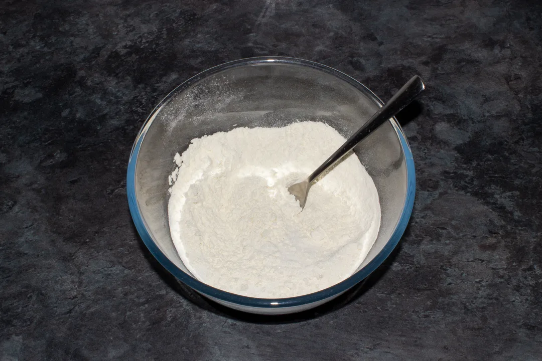 Drop scone dry ingredients in a glass mixing bowl with a fork.