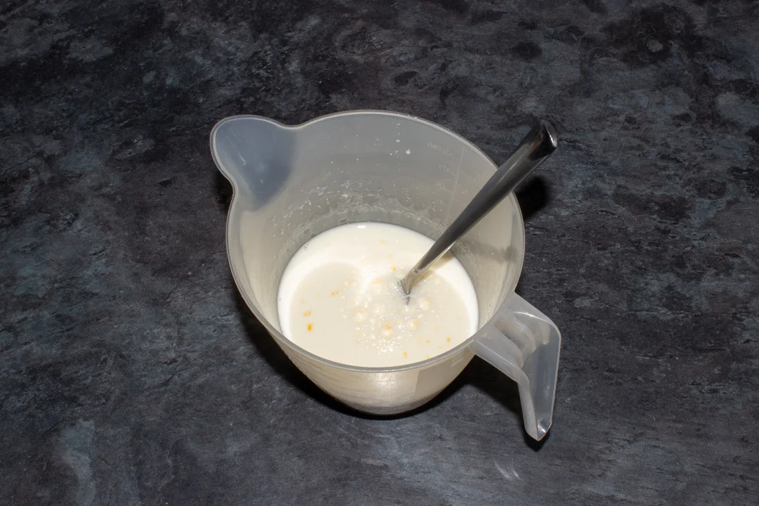 Milk and egg beaten together in a jug.