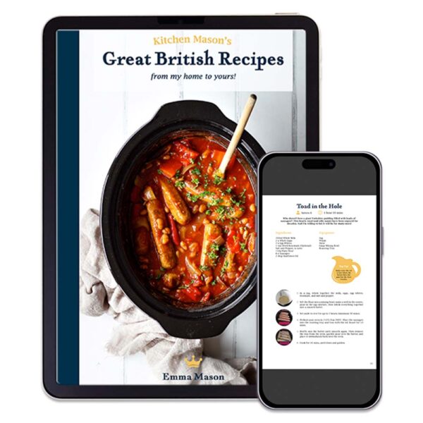 Pages from the 'Great British Recipes, from my home to yours' cookbook shown on an ipad and iphone.