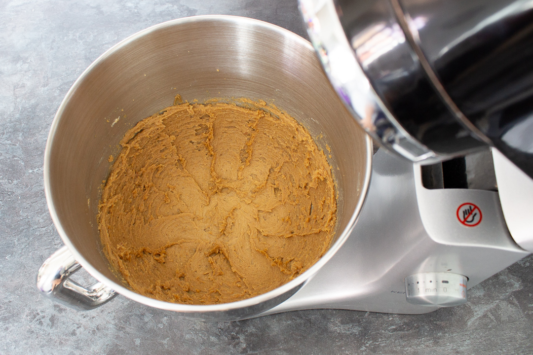 Creamed butter, salt and sugar in the bowl of an electric stand mixer.