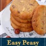 A stack of 5 nut biscuits on a plate with a flower design. A text overlay says "Easy peasy nut biscuits".