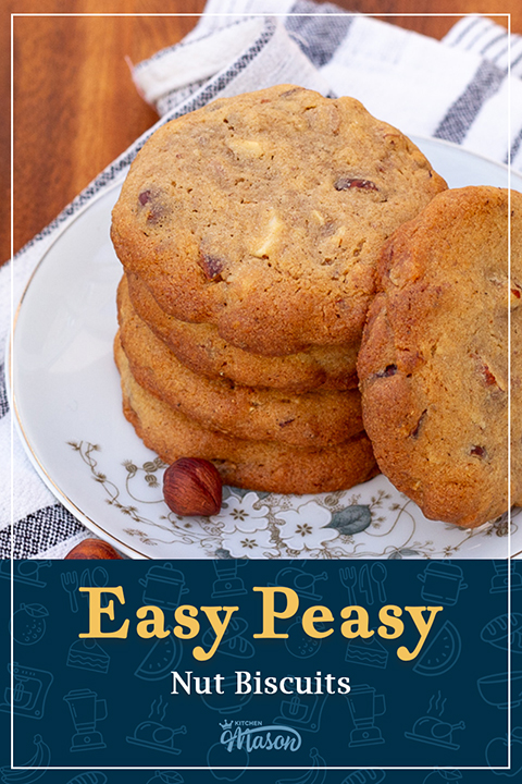 A stack of 5 nut biscuits on a plate with a flower design. A text overlay says "Easy peasy nut biscuits".